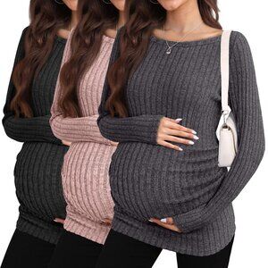 Maternity Long Sleeve Boat Neck Ribbed Sweaters 3-Pack Medium